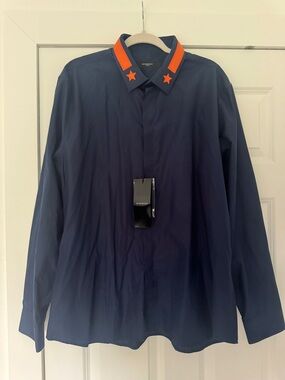 Givenchy Navy Dress Shirt with Red Star Collar – Size 46 – NWT